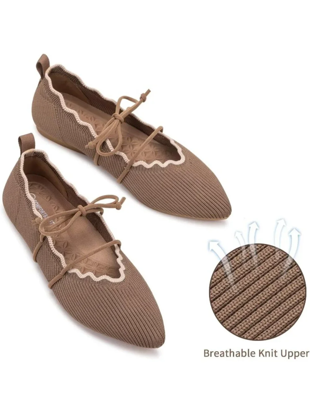 Women's Brown Rubber Knitted Slip On Pointed Toe with Ruffled Vamp Elastic Flats